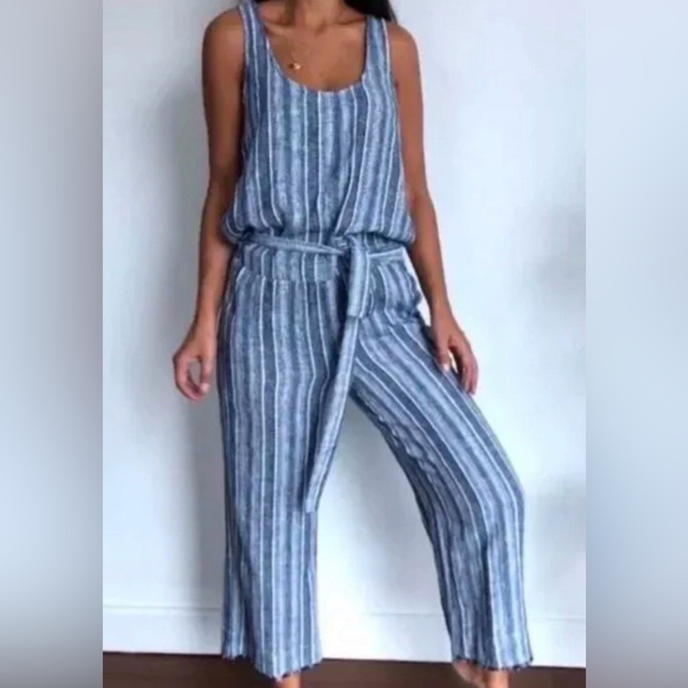 Anthropologie Cloth & Stone gray white striped linen blend jumpsuit size Medium